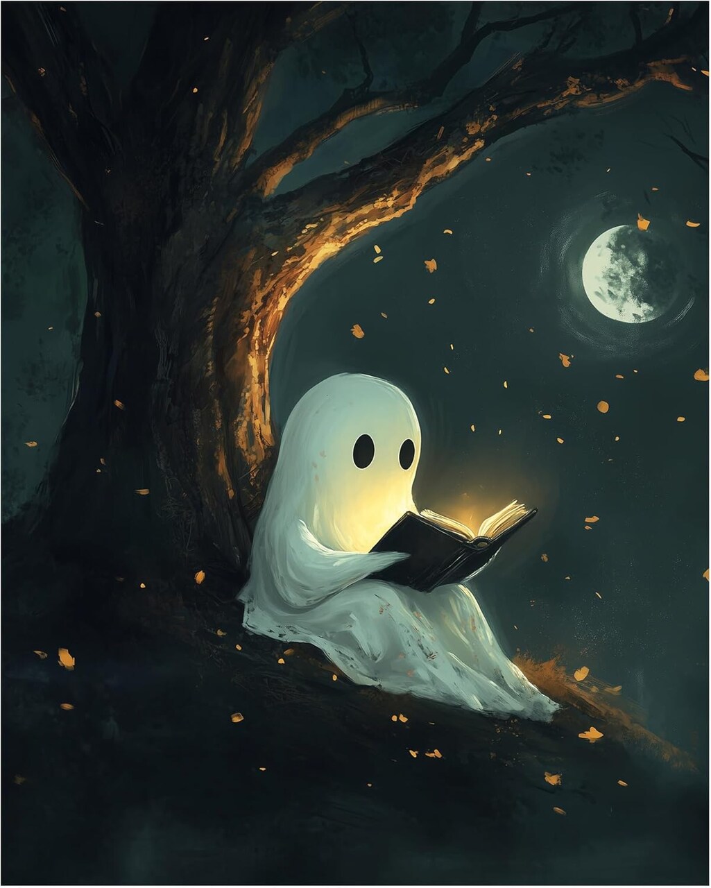 Paint by Numbers, Cute Ghost Under The Trees Paint by Numbers for Adults, Funny Ghost Reading Acrylic Painting, Home Library Reading Room Decor - Moon Night(16x20inch, No Frame)
